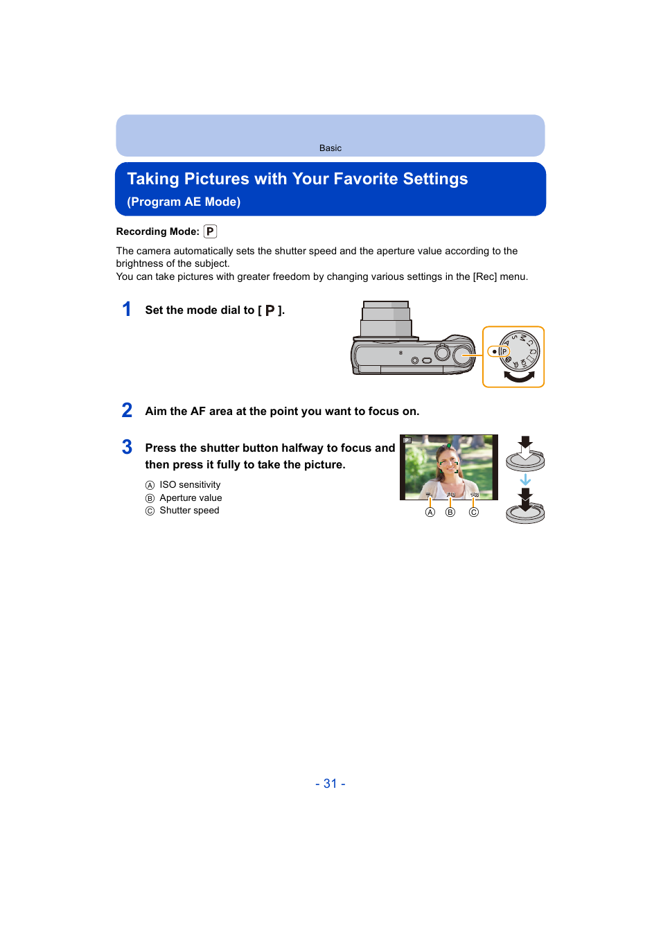 P31), Taking pictures with your favorite settings, Program ae mode) | Panasonic DMC-ZS35W User Manual | Page 31 / 186
