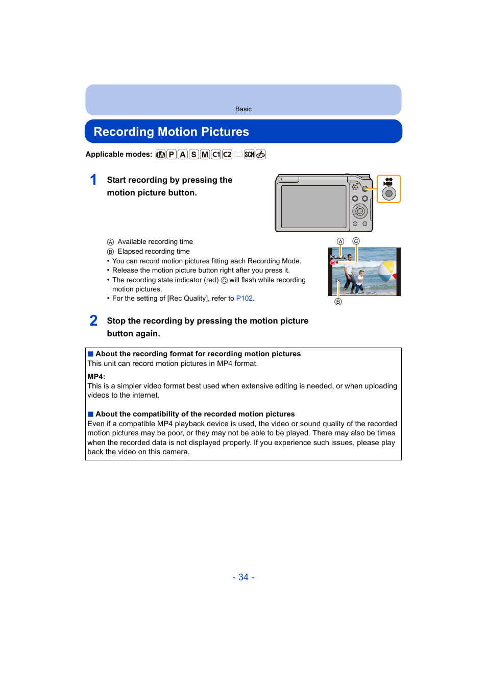 Recording motion pictures, P34) | Panasonic DMC-ZS35W User Manual | Page 34 / 186