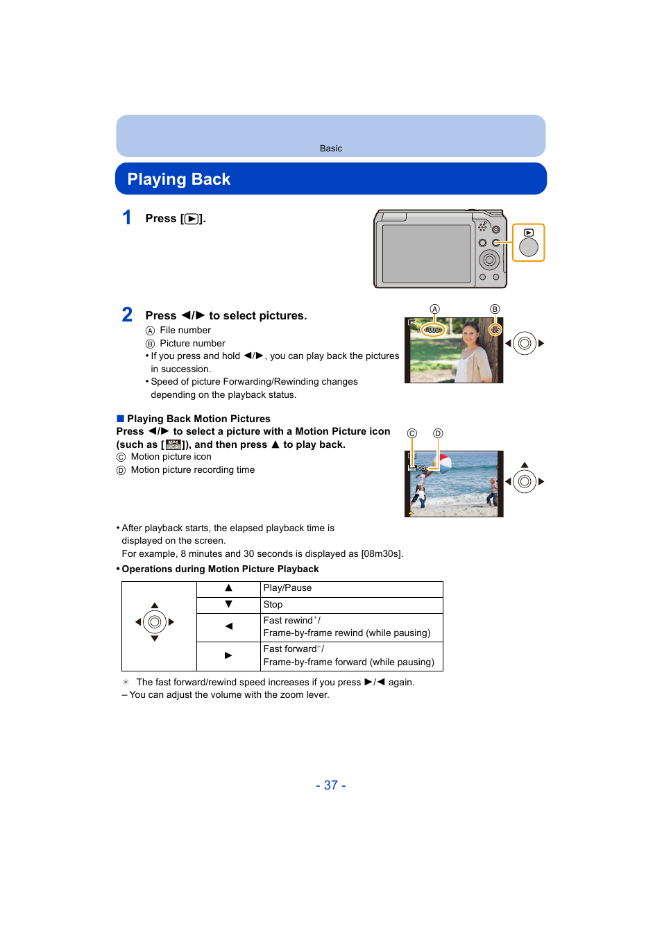Playing back, P37) | Panasonic DMC-ZS35W User Manual | Page 37 / 186