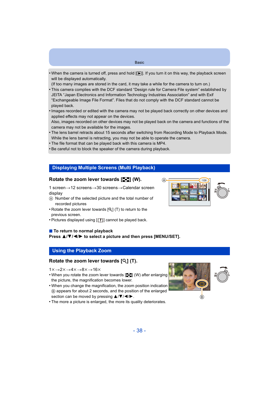 Displaying multiple screens (multi playback), Using the playback zoom | Panasonic DMC-ZS35W User Manual | Page 38 / 186