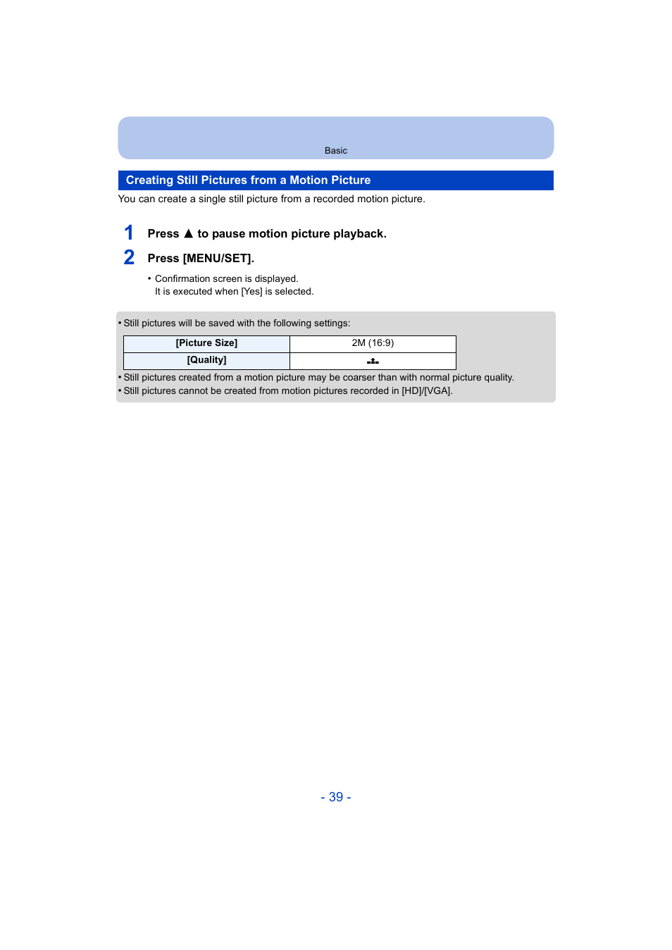 Creating still pictures from a motion picture | Panasonic DMC-ZS35W User Manual | Page 39 / 186