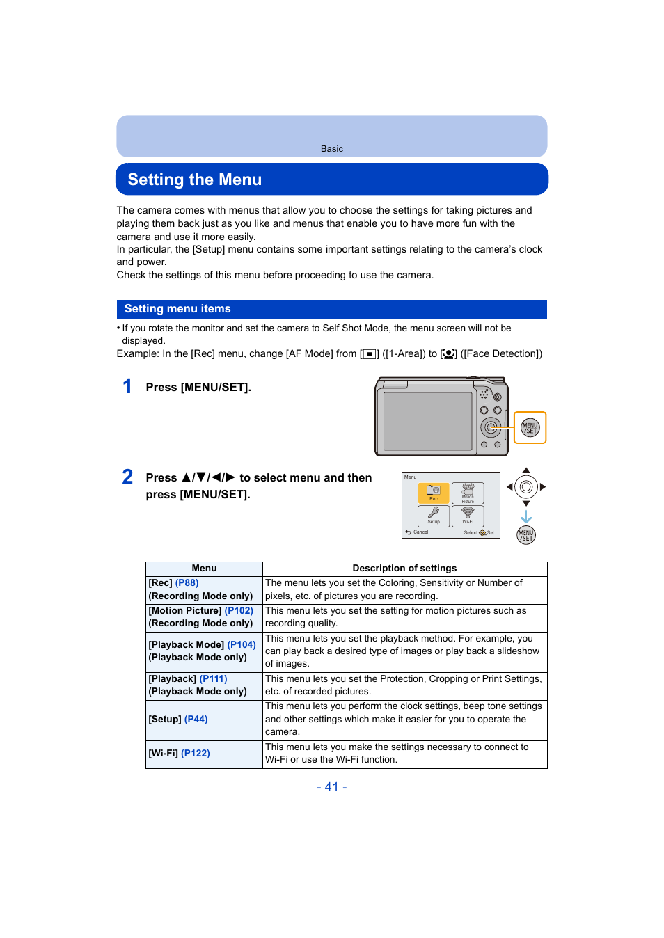 Setting the menu, Setting menu items, P41) | Panasonic DMC-ZS35W User Manual | Page 41 / 186