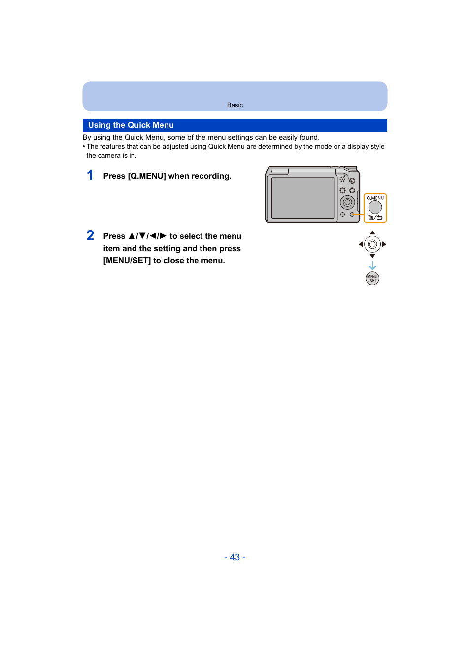 Using the quick menu, P43) | Panasonic DMC-ZS35W User Manual | Page 43 / 186