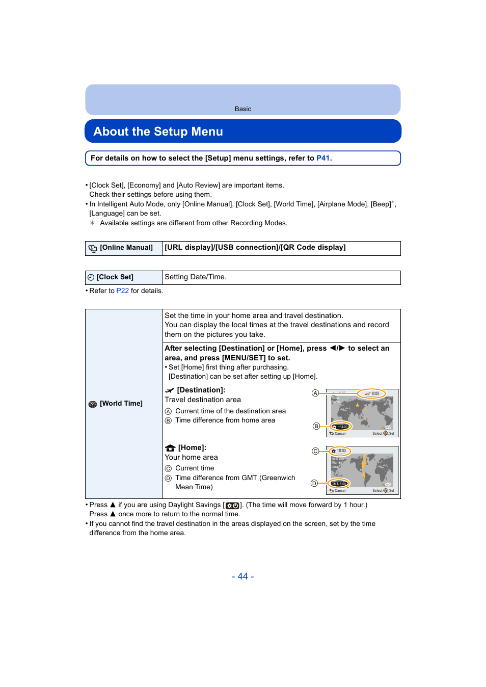 About the setup menu, P44) | Panasonic DMC-ZS35W User Manual | Page 44 / 186