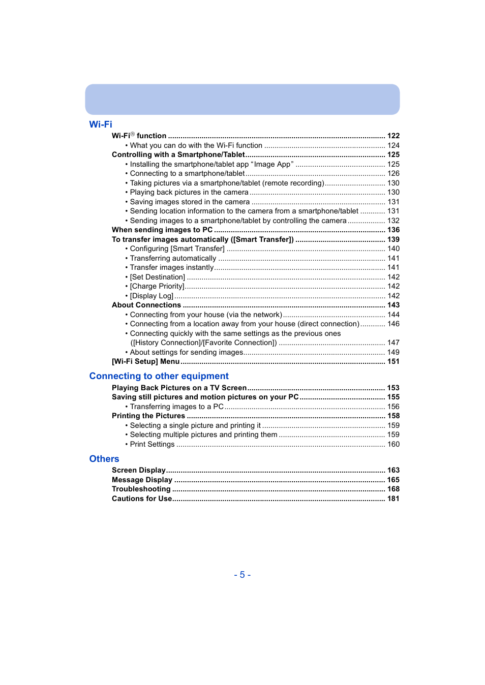 5 - wi-fi, Connecting to other equipment, Others | Panasonic DMC-ZS35W User Manual | Page 5 / 186