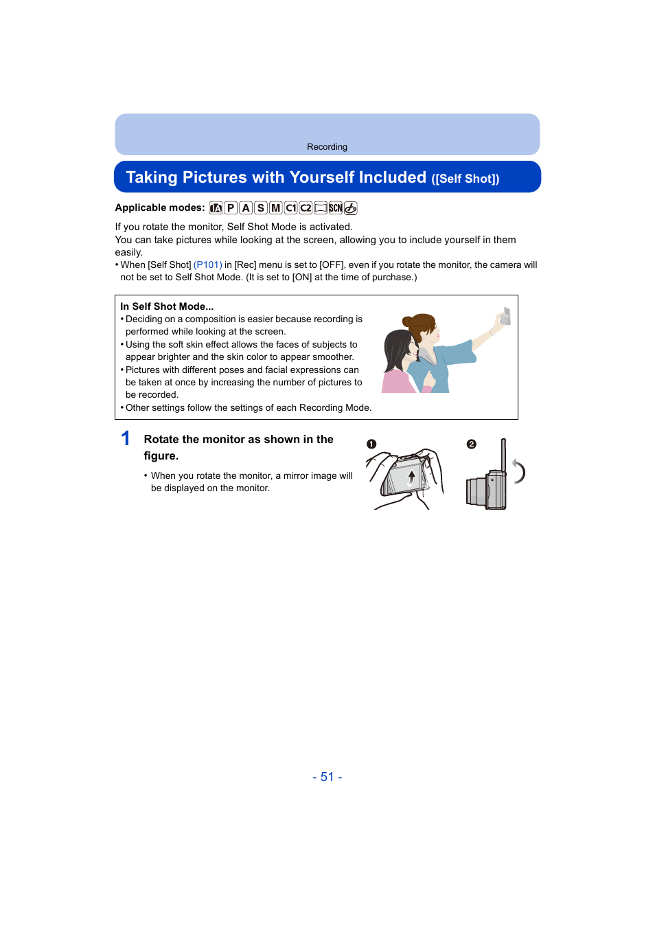 Recording, Taking pictures with yourself included | Panasonic DMC-ZS35W User Manual | Page 51 / 186