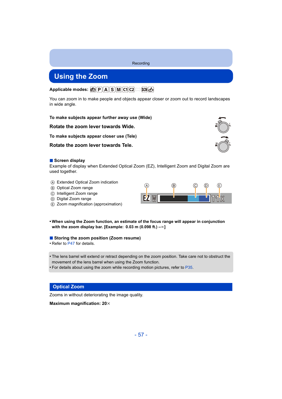 Using the zoom, Optical zoom, Ever | P57) | Panasonic DMC-ZS35W User Manual | Page 57 / 186