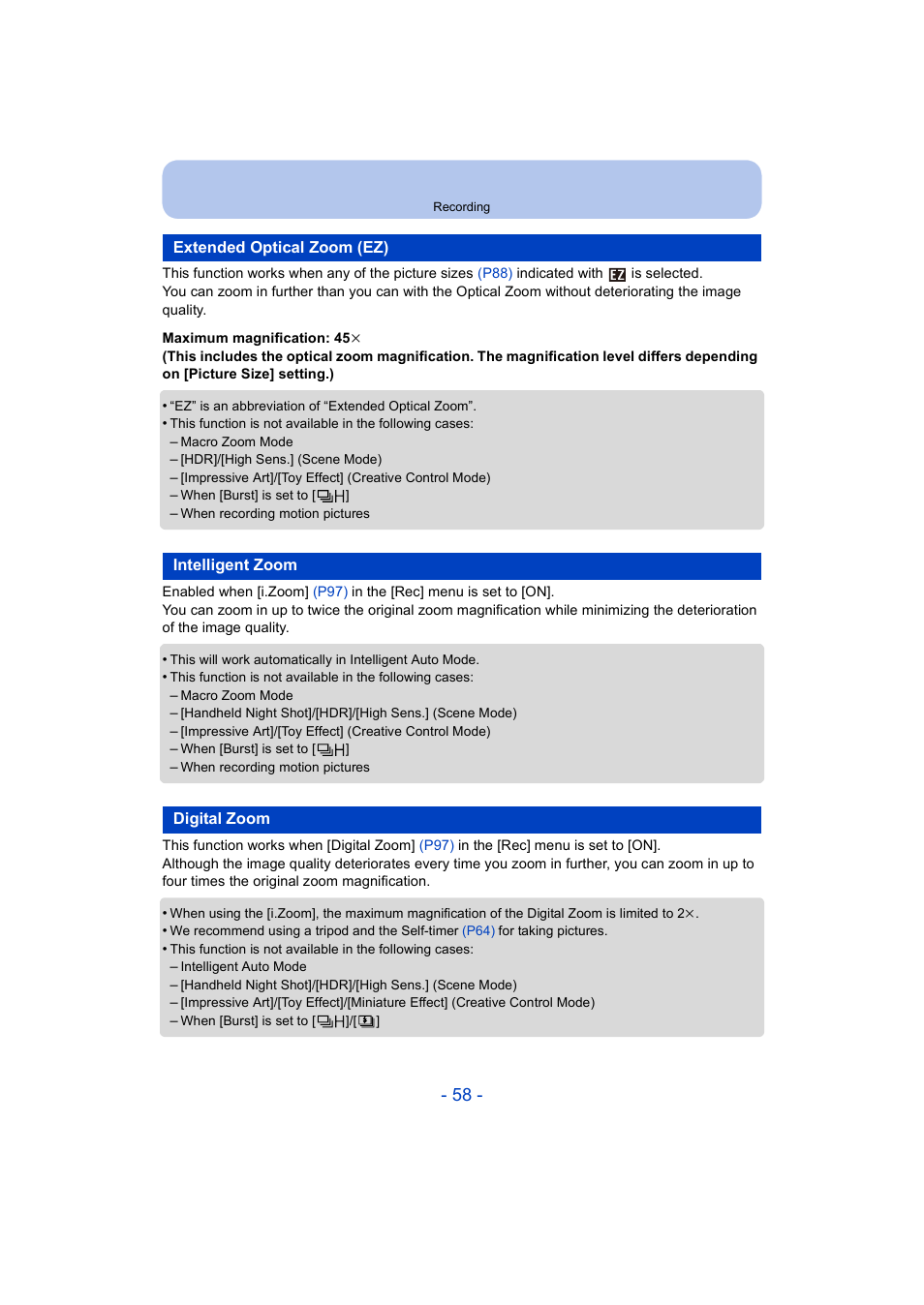 Extended optical zoom (ez), Intelligent zoom, Digital zoom | Panasonic DMC-ZS35W User Manual | Page 58 / 186