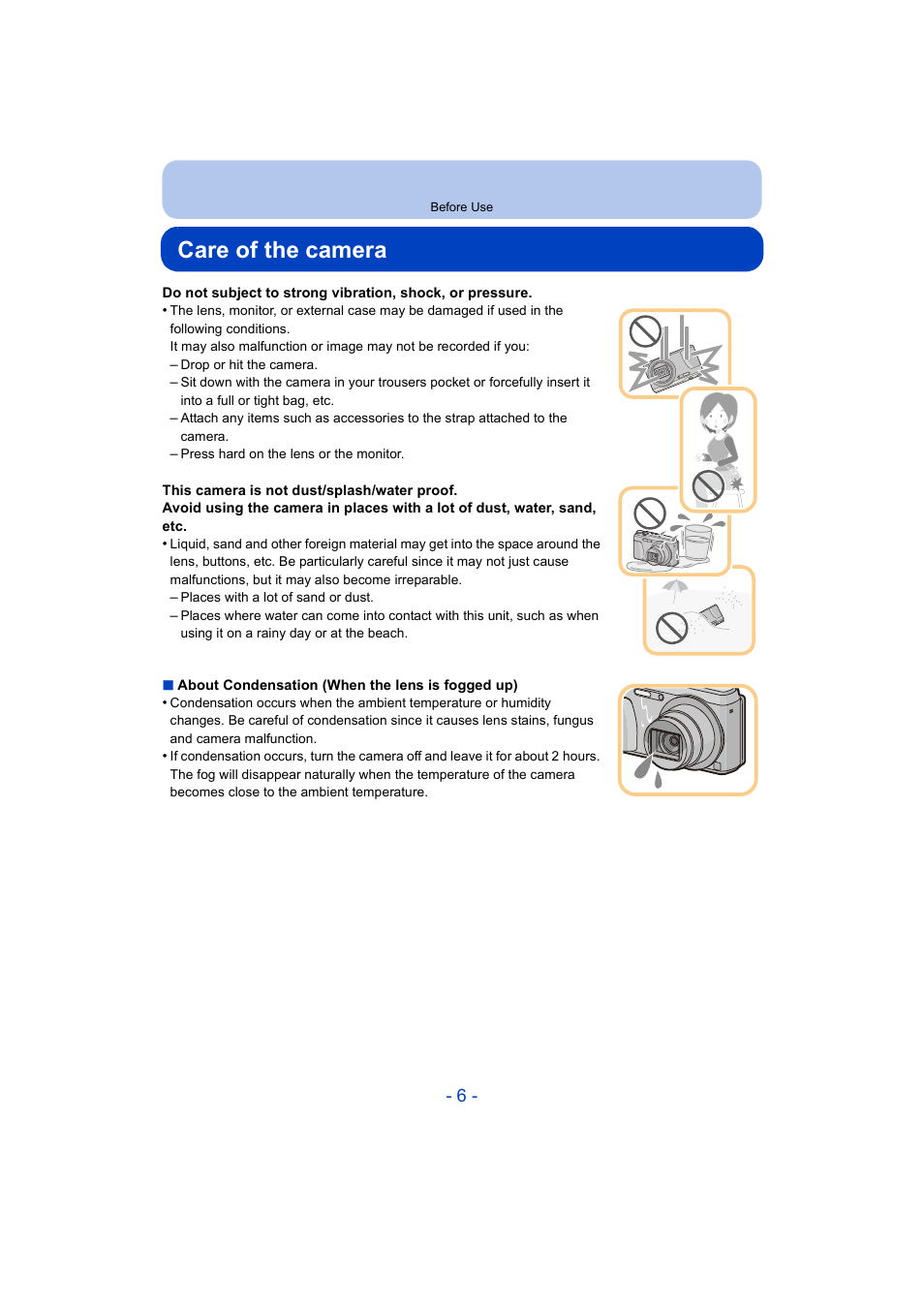 Before use, Care of the camera | Panasonic DMC-ZS35W User Manual | Page 6 / 186