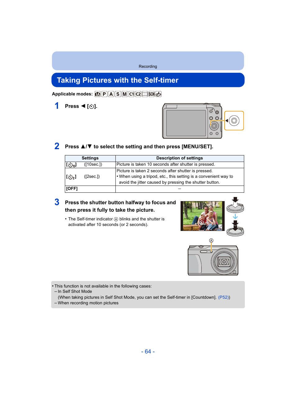 Taking pictures with the self-timer, P64) | Panasonic DMC-ZS35W User Manual | Page 64 / 186