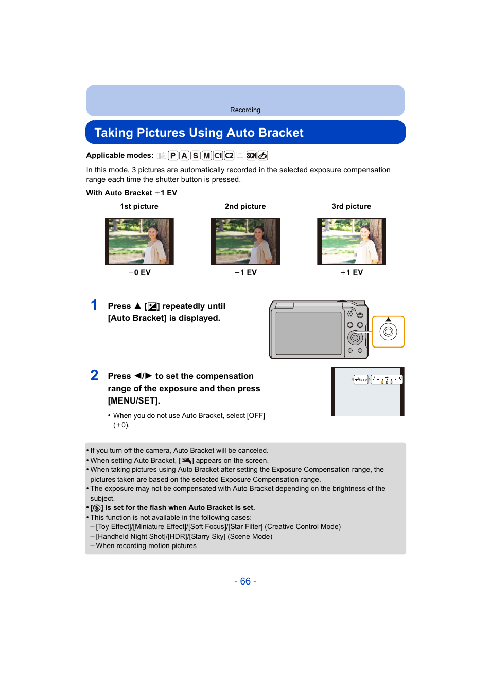 Taking pictures using auto bracket | Panasonic DMC-ZS35W User Manual | Page 66 / 186