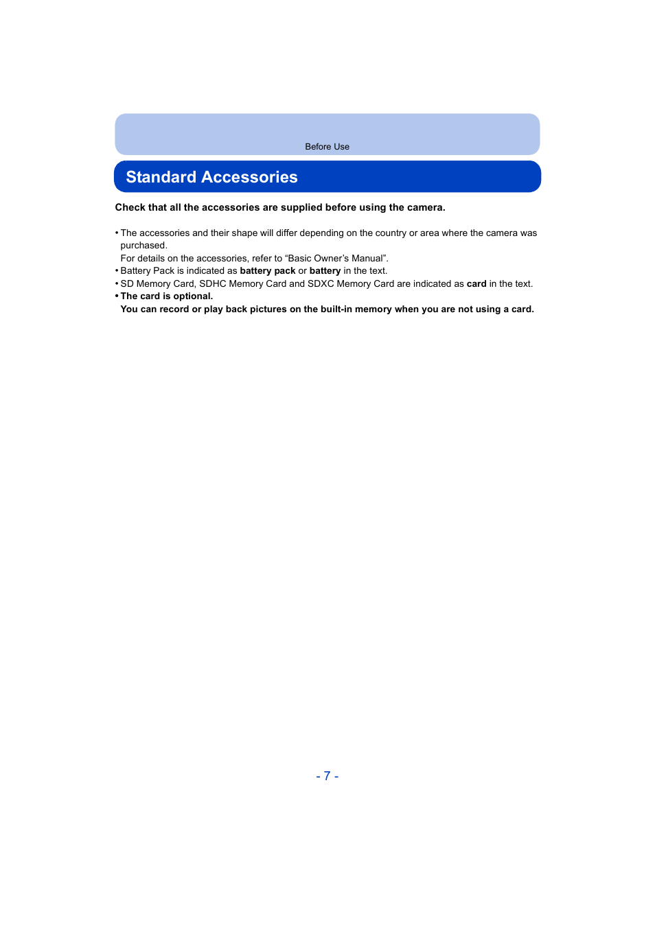 Standard accessories | Panasonic DMC-ZS35W User Manual | Page 7 / 186