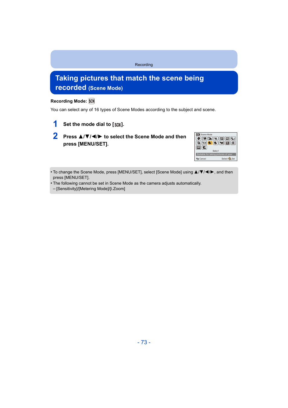 P73), Scene mode) | Panasonic DMC-ZS35W User Manual | Page 73 / 186