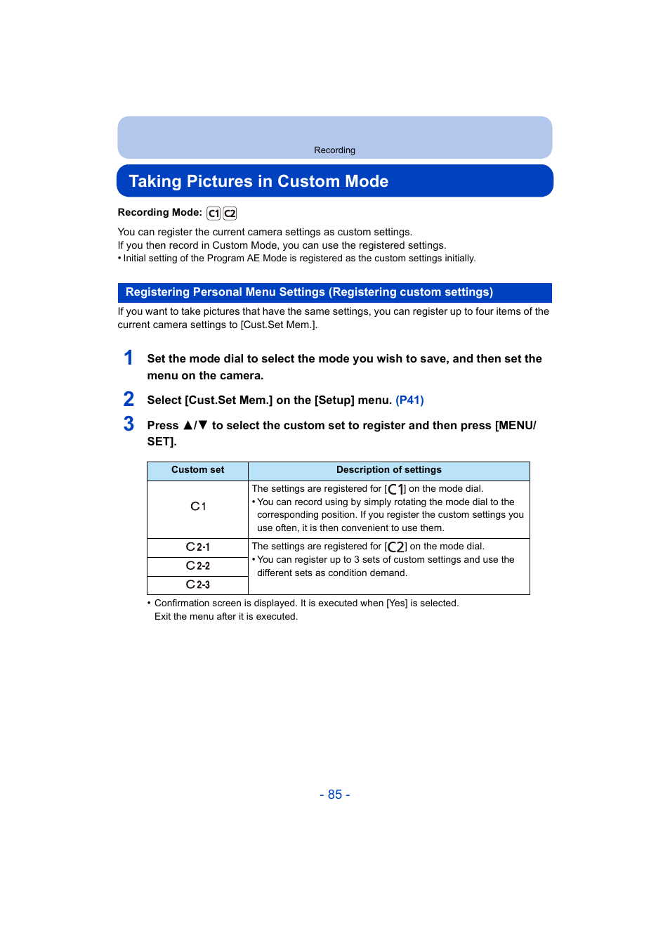 Taking pictures in custom mode, P85) | Panasonic DMC-ZS35W User Manual | Page 85 / 186