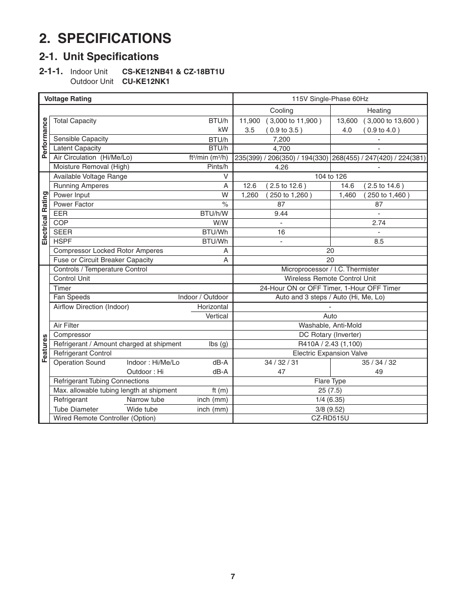 Specifications, 1. unit, 1. unit specifications | Panasonic KE18NB4U User Manual | Page 7 / 69