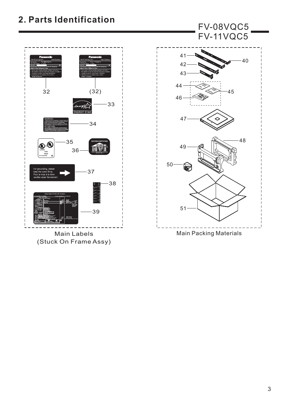 Parts identification, Main labels, Stuck on frame assy) | Main packing materials | Panasonic FV-11VQC5 User Manual | Page 4 / 11