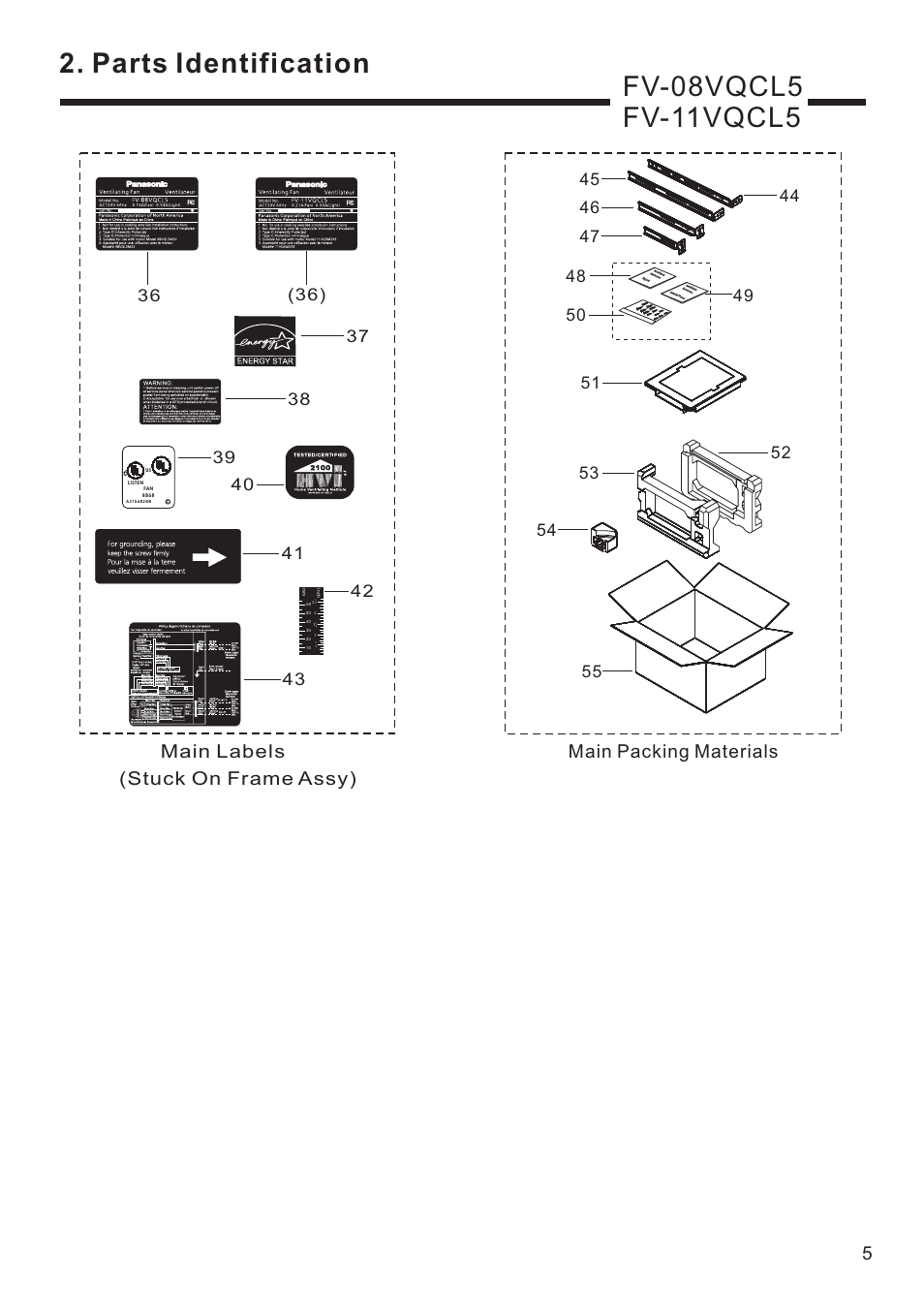 Parts identification, Main labels, Stuck on frame assy) | Main packing materials | Panasonic FV-11VQC5 User Manual | Page 6 / 11