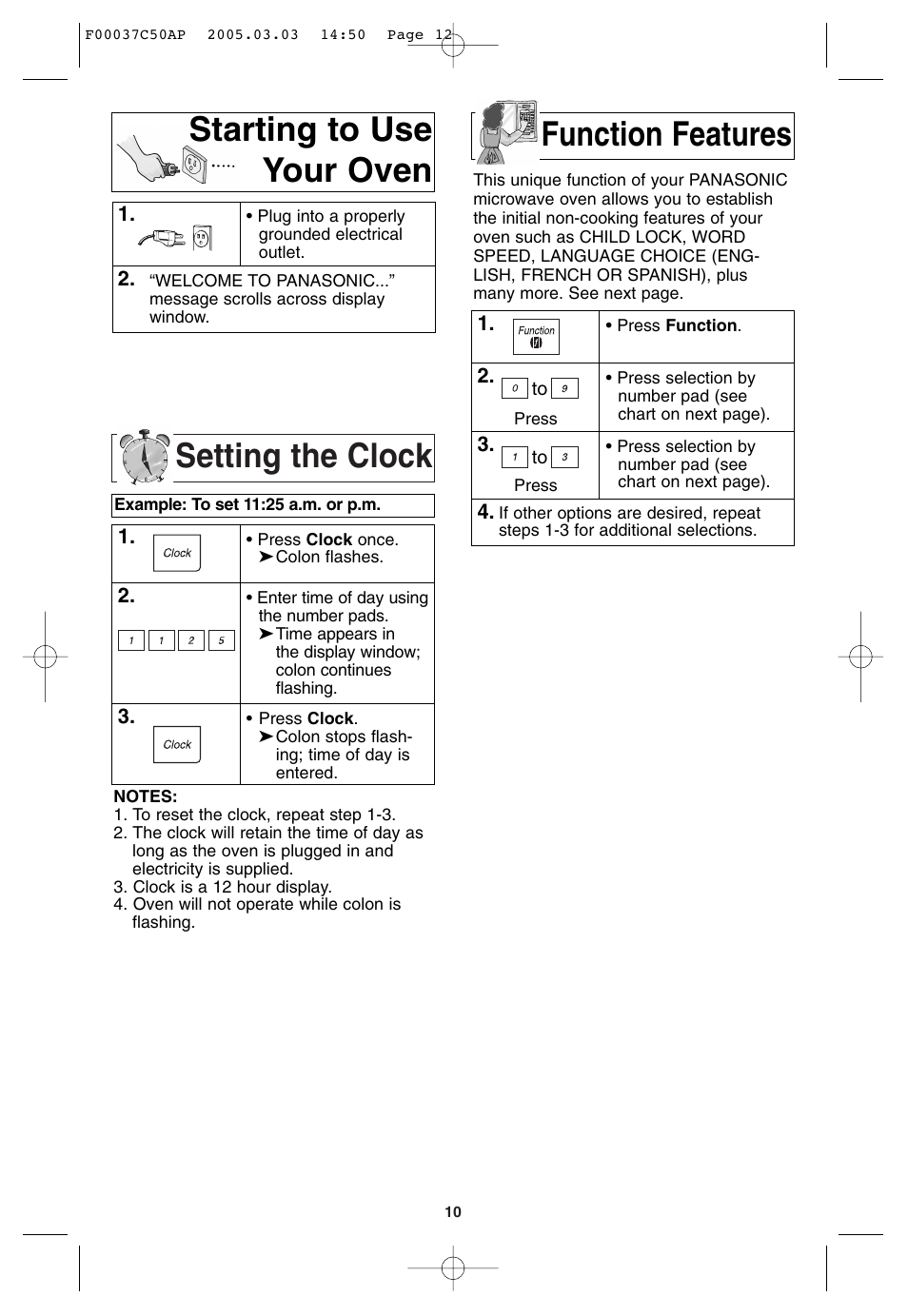 Starting to use your oven, Setting the clock, Function features | Function features starting to use your oven | Panasonic NN-H965BF User Manual | Page 12 / 60