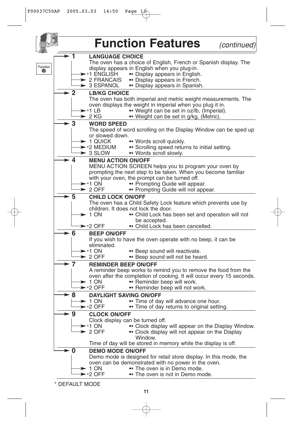 Function features, Continued) | Panasonic NN-H965BF User Manual | Page 13 / 60