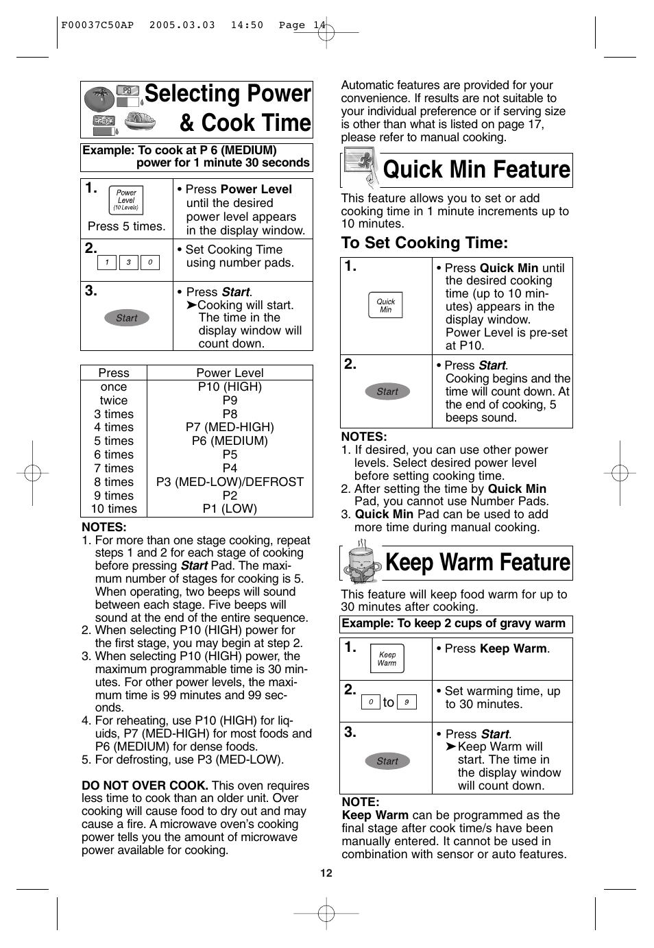 Selecting power and cook time, Quick min feature, Keep warm feature | Selecting power & cook time | Panasonic NN-H965BF User Manual | Page 14 / 60