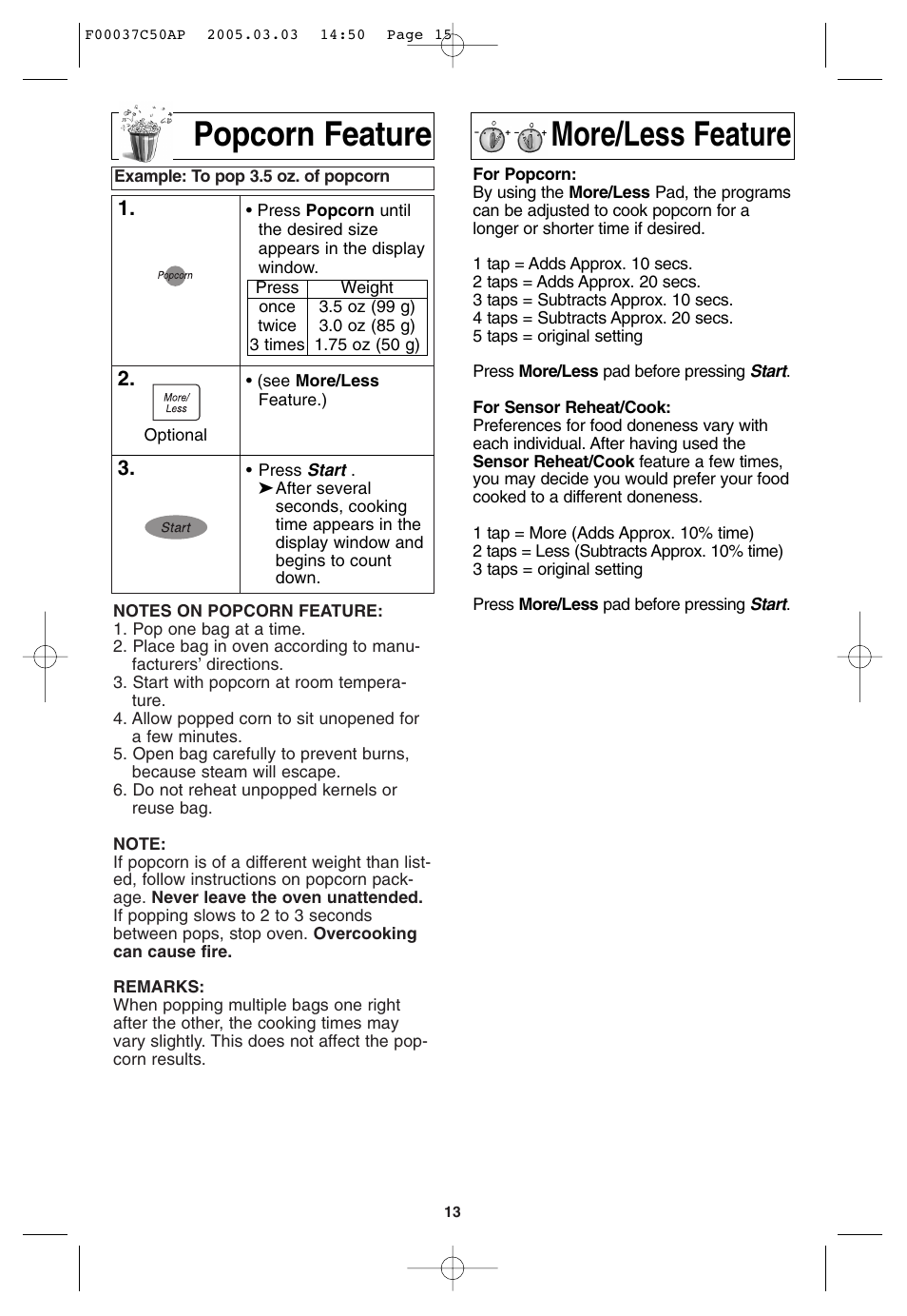 Popcorn feature, More / less feature, Popcorn feature more/less feature | Panasonic NN-H965BF User Manual | Page 15 / 60