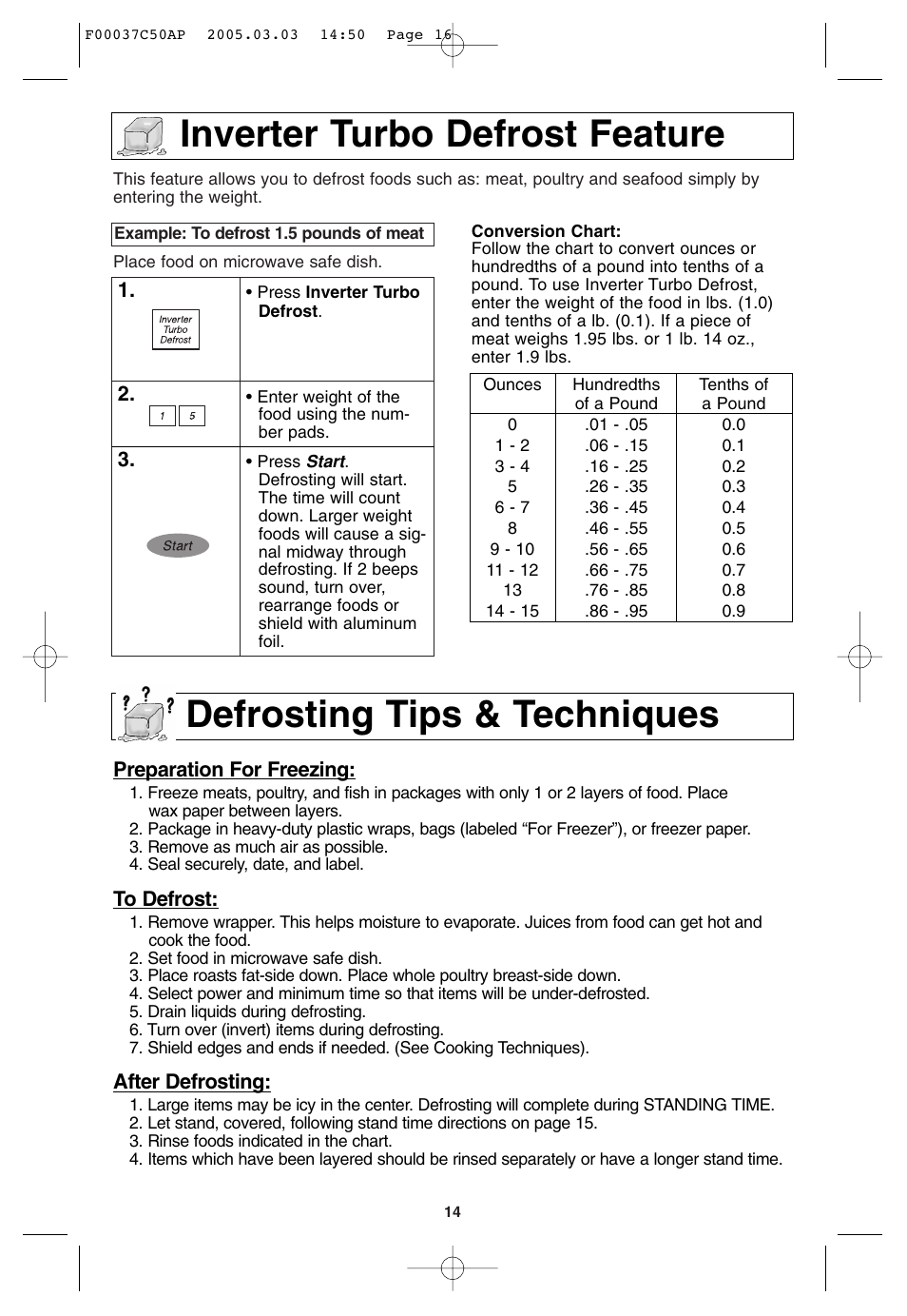 Inverter turbo defrost feature, Defrosting tips and techniques | Panasonic NN-H965BF User Manual | Page 16 / 60