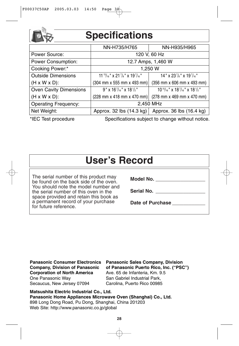 Specifications, User's record, User’s record | Panasonic NN-H965BF User Manual | Page 30 / 60