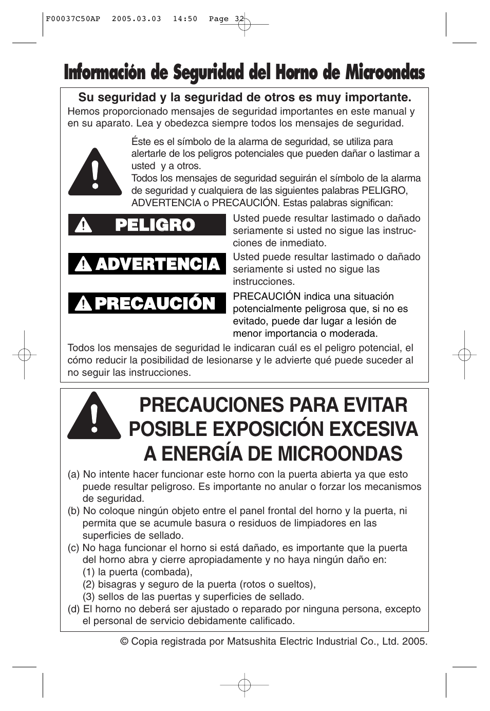 Informacion de seguridad, Precauciones, Información de seguridad del horno de microondas | Ppr re ec ca au uc ciió ón n | Panasonic NN-H965BF User Manual | Page 32 / 60