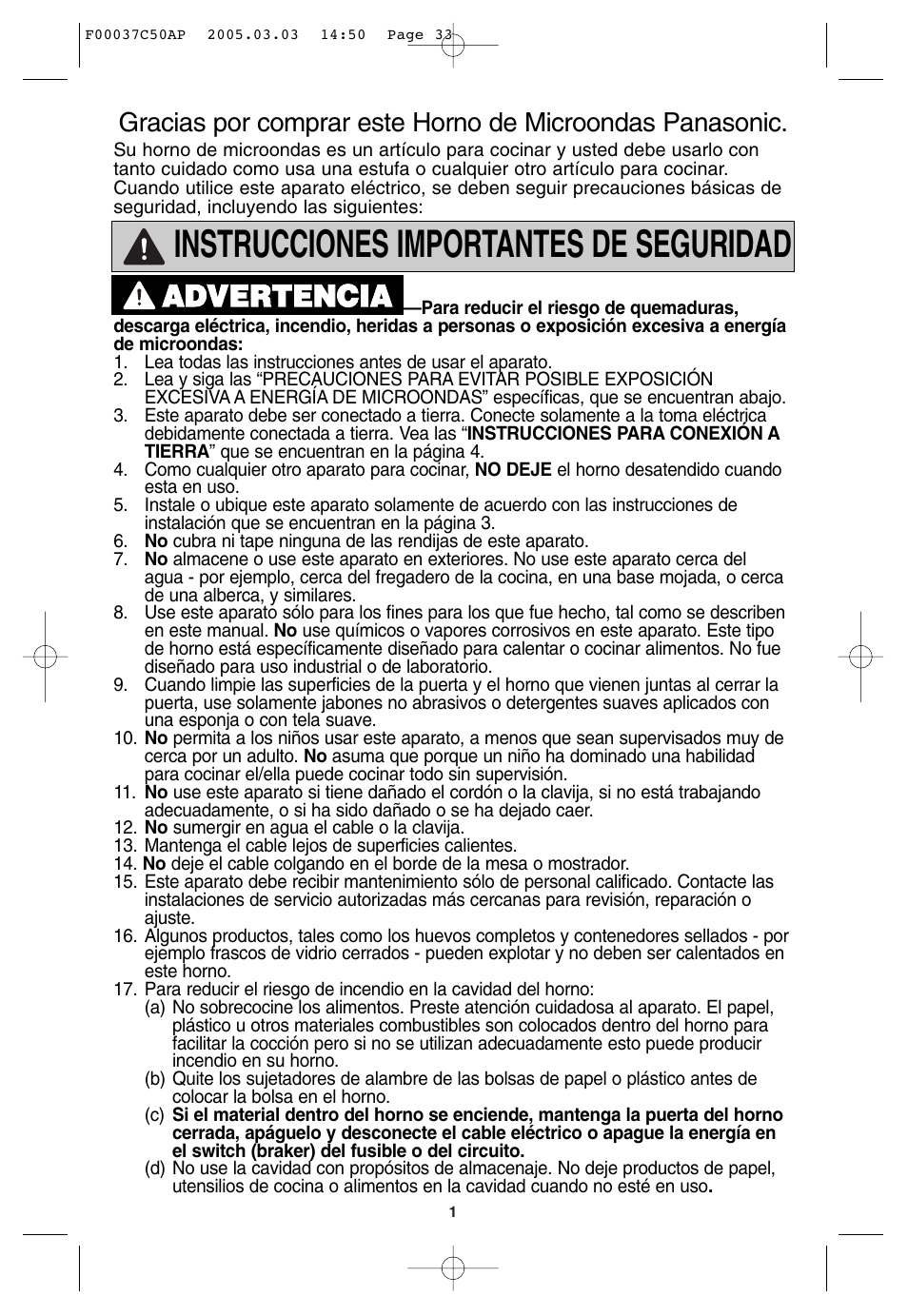 Instrucciones importantes de seguridad, Aad dv ve er rt te en nc ciia a | Panasonic NN-H965BF User Manual | Page 33 / 60