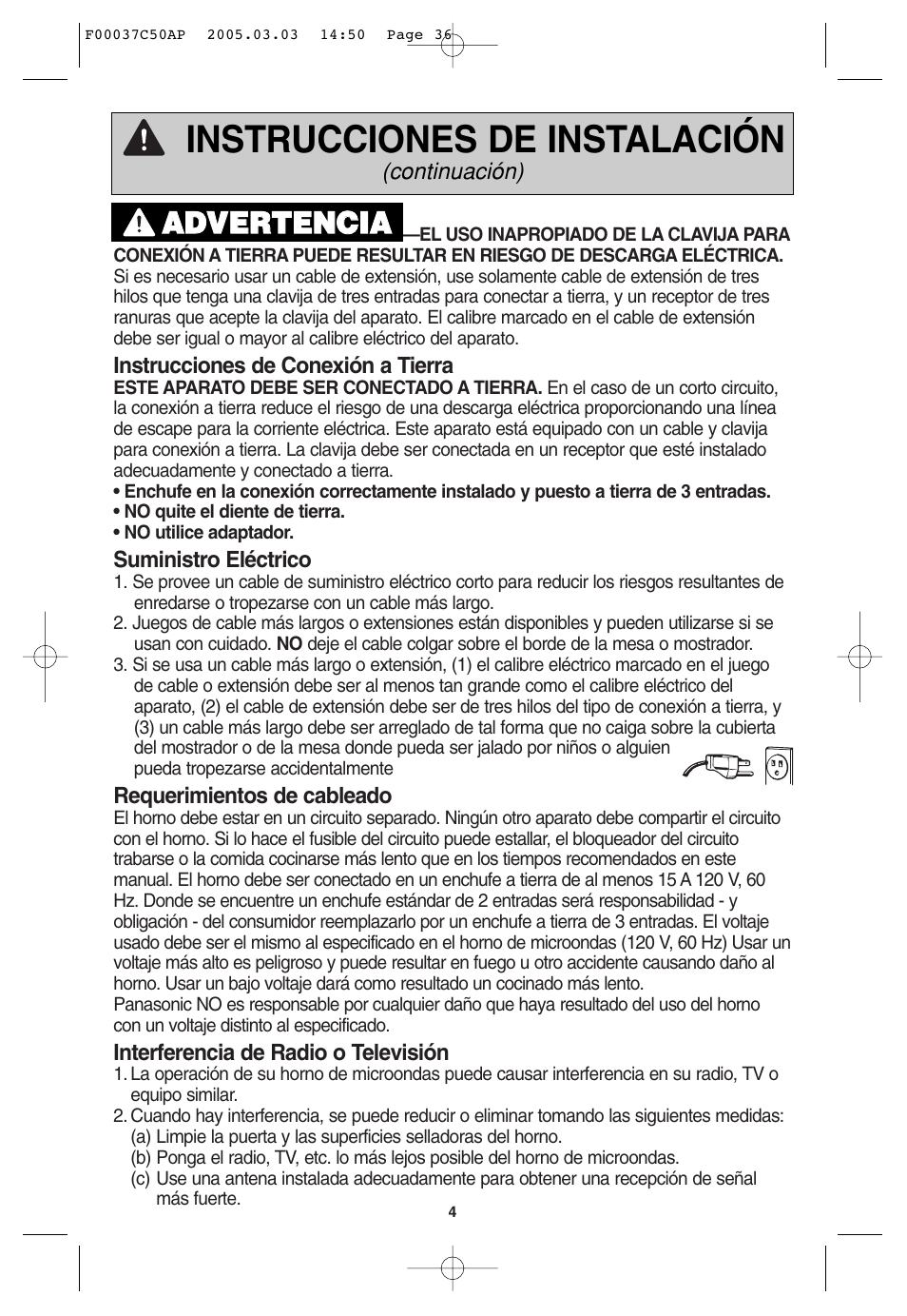 Instrucciones de instalación, Aad dv ve er rt te en nc ciia a | Panasonic NN-H965BF User Manual | Page 36 / 60