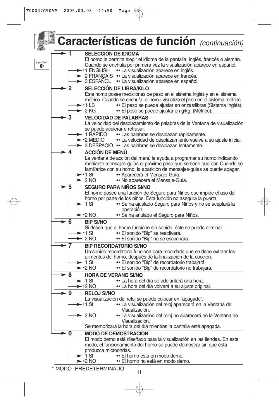 Características de función, Continuación) | Panasonic NN-H965BF User Manual | Page 43 / 60