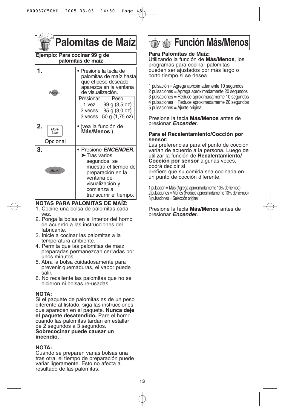 Funcion de palomitas de maiz, Funcion de mas / menos, Palomitas de maíz | Función más/menos | Panasonic NN-H965BF User Manual | Page 45 / 60