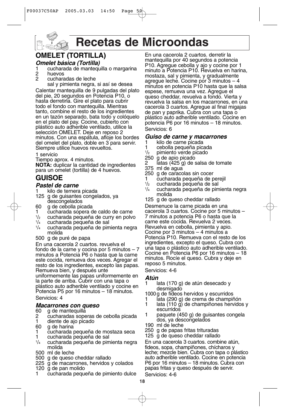 Recetas de microondas, Omelet (tortilla), Guisoe | Panasonic NN-H965BF User Manual | Page 50 / 60