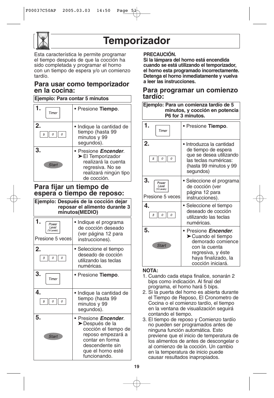 Temporizador, Para usar como temporizador en la cocina, Para fijar un tiempo de espera o tiempo de reposo | Para programar un comienzo tardío | Panasonic NN-H965BF User Manual | Page 51 / 60