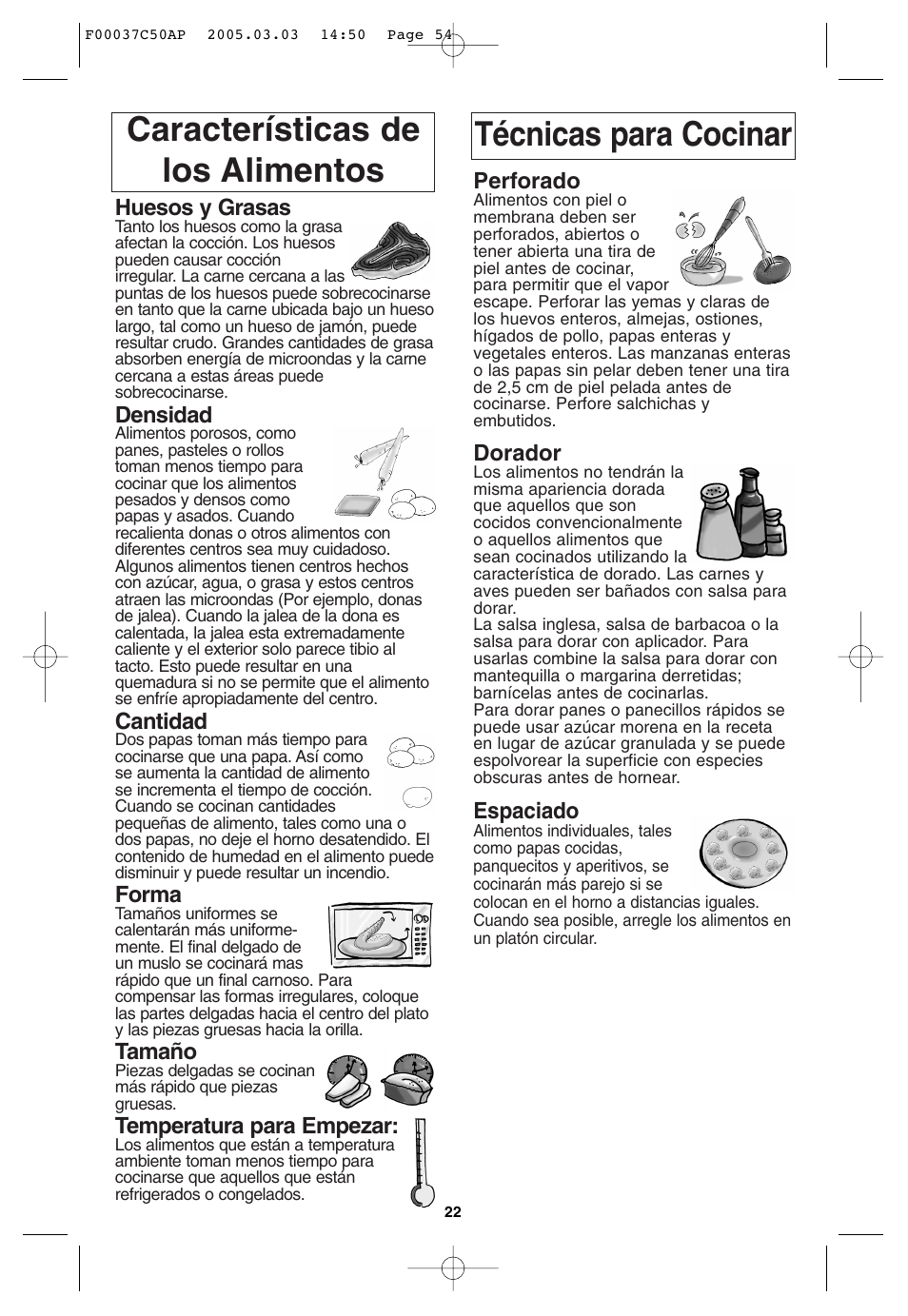 Caracteristicas de los alimentos, Tecnicas para cocinar | Panasonic NN-H965BF User Manual | Page 54 / 60