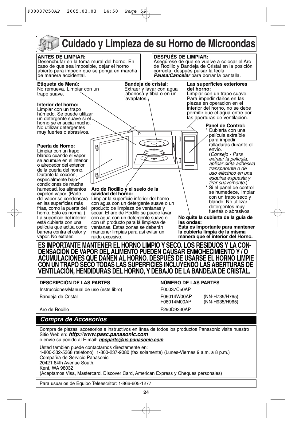 Mantenimiento, Cuidado y limpieza de su horno de microondas, Compra de accesorios | Panasonic NN-H965BF User Manual | Page 56 / 60