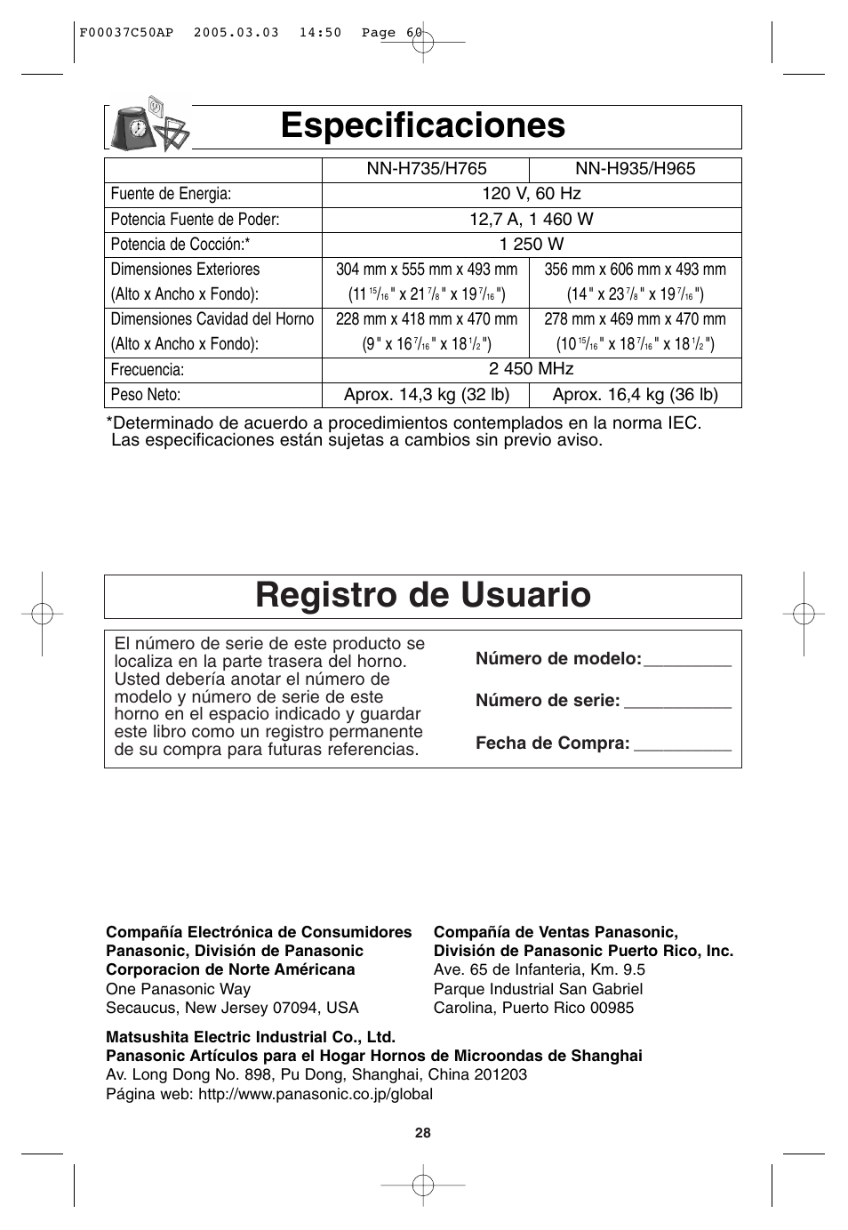 Especificaciones, Registro del usuario, Registro de usuario | Panasonic NN-H965BF User Manual | Page 60 / 60