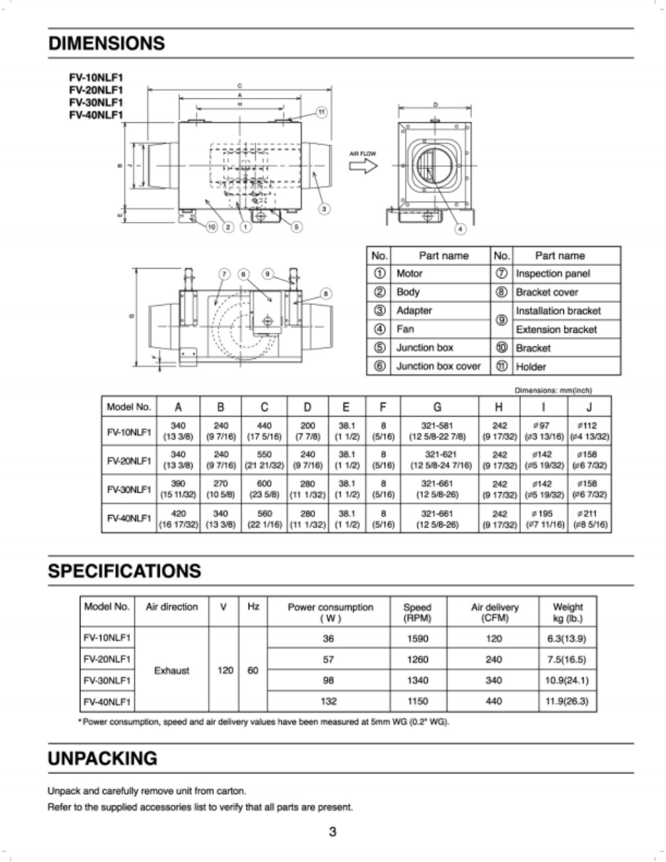 Dimensions, Specifications, Unpacking | Panasonic FV-30NLF1 User Manual | Page 3 / 9