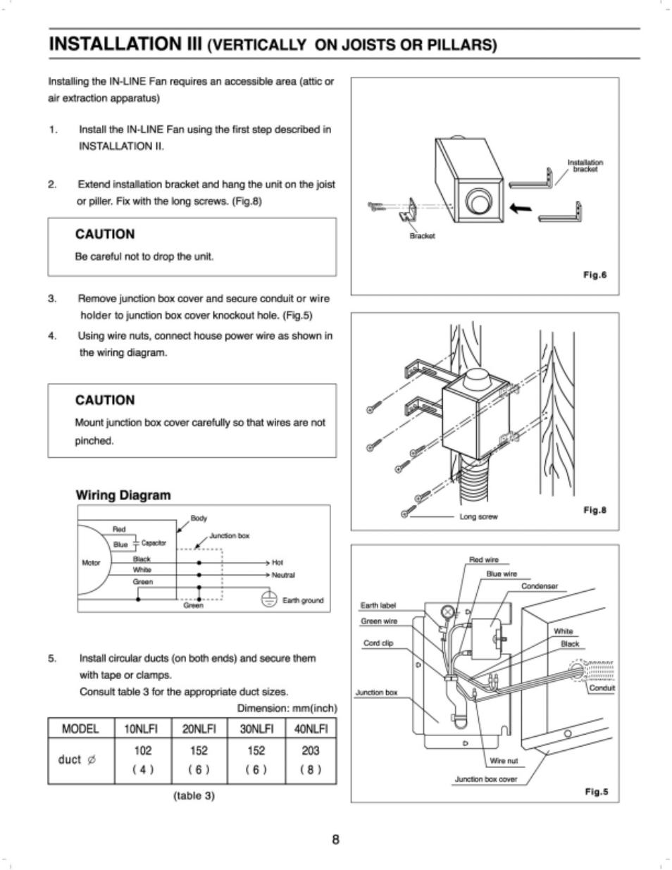 Installation iii, Vertically on joists or pillars), Wiring diagram | Panasonic FV-30NLF1 User Manual | Page 8 / 9