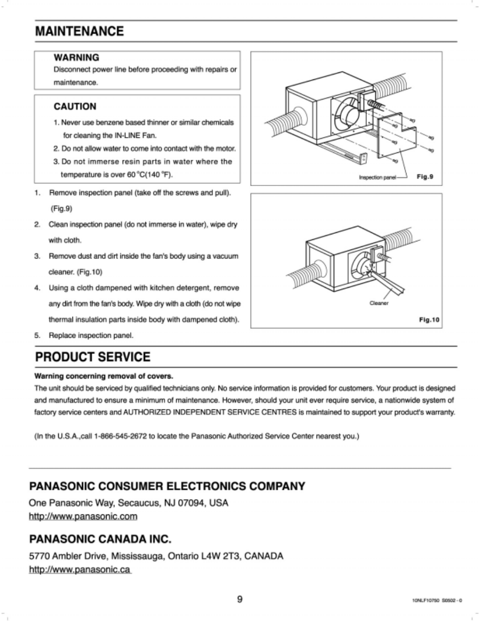 Warning, Caution, Maintenance | Product service, Knlftorm s0m8-0, Panasonic consumer electronics company, Panasonic canada inc | Panasonic FV-30NLF1 User Manual | Page 9 / 9