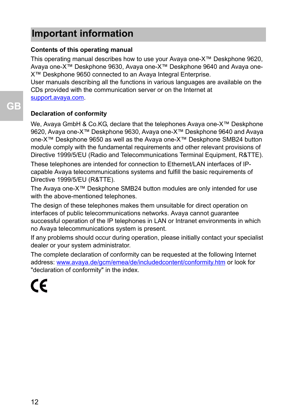 Contents of this operating manual, Declaration of conformity, Important information | Avaya one-X 1603 User Manual | Page 12 / 64