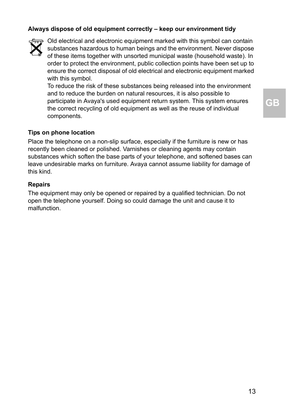 Tips on phone location, Repairs | Avaya one-X 1603 User Manual | Page 13 / 64