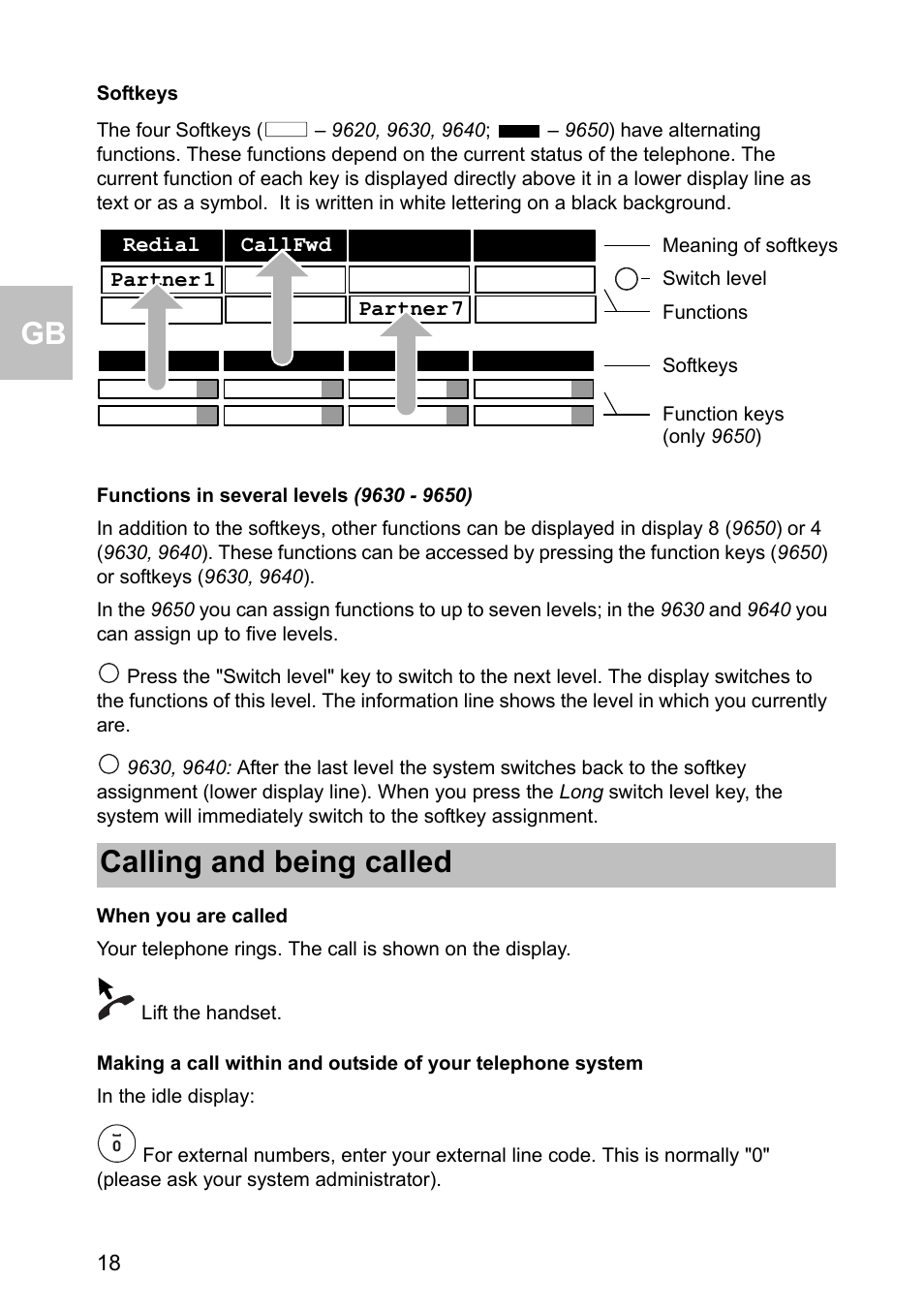 Softkeys, Functions in several levels (9630 - 9650), When you are called | Calling and being called | Avaya one-X 1603 User Manual | Page 18 / 64