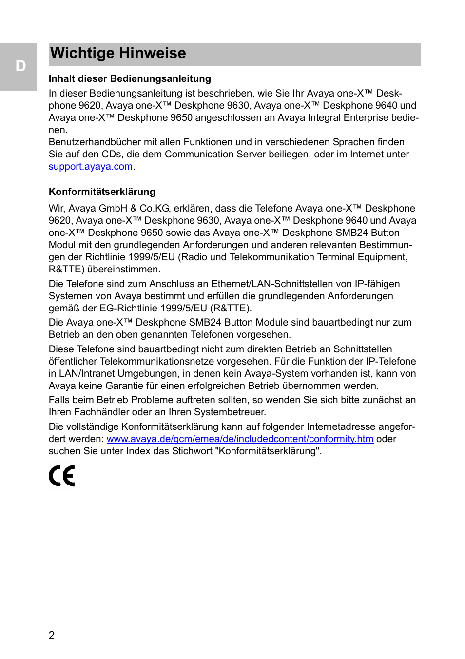 Inhalt dieser bedienungsanleitung, Konformitätserklärung, Wichtige hinweise | Avaya one-X 1603 User Manual | Page 2 / 64