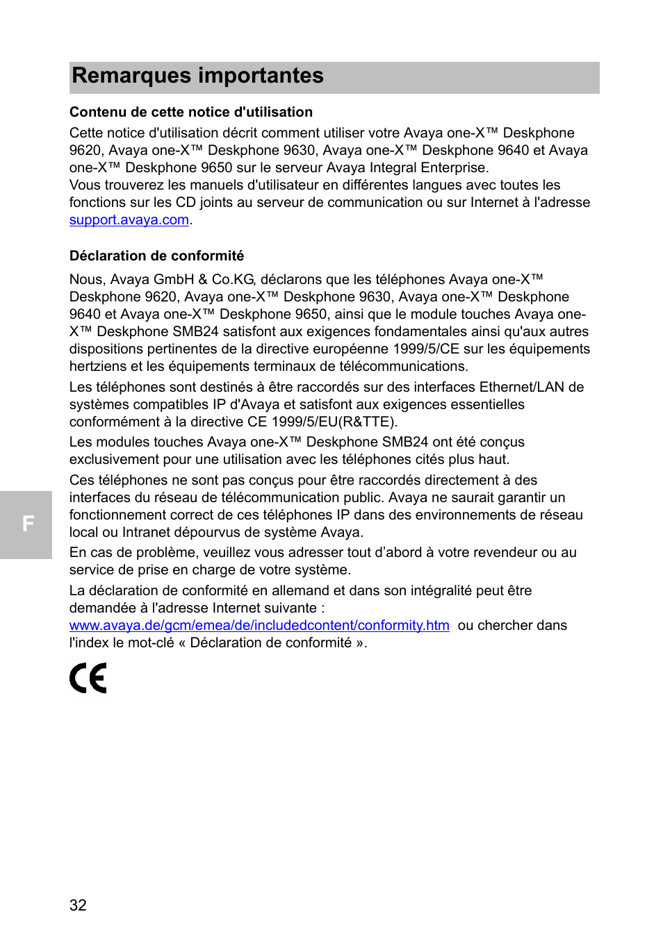 Contenu de cette notice d'utilisation, Déclaration de conformité, Remarques importantes | Avaya one-X 1603 User Manual | Page 32 / 64