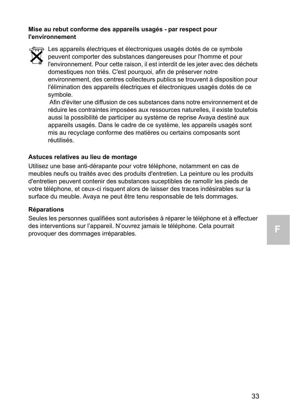 Astuces relatives au lieu de montage, Réparations | Avaya one-X 1603 User Manual | Page 33 / 64