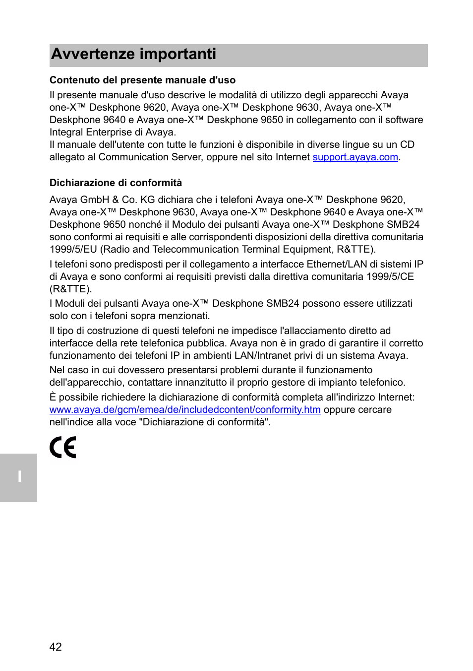Contenuto del presente manuale d'uso, Dichiarazione di conformità, Avvertenze importanti | Avaya one-X 1603 User Manual | Page 42 / 64