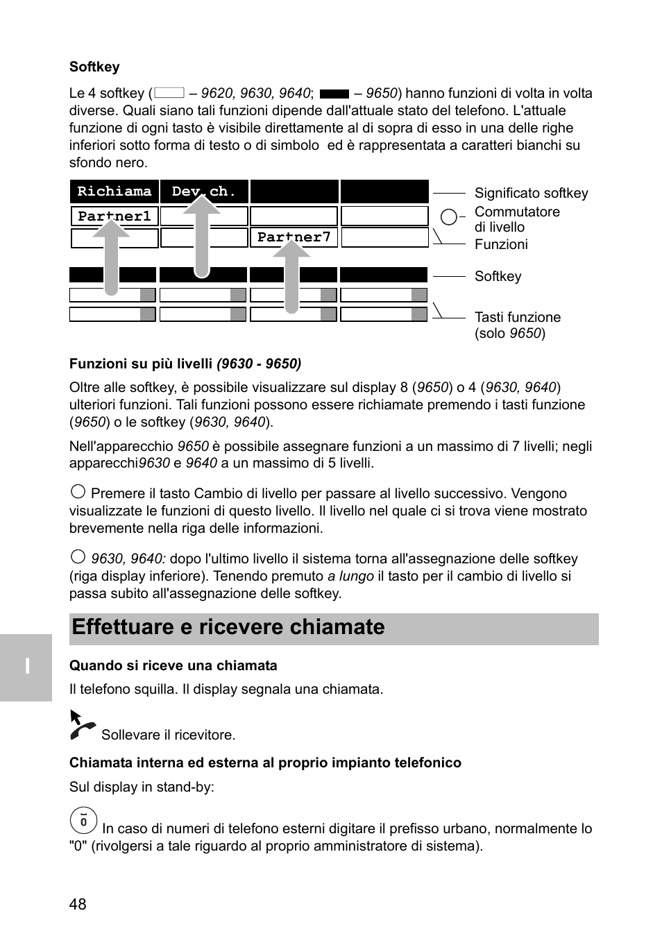 Softkey, Funzioni su più livelli (9630 - 9650), Quando si riceve una chiamata | Effettuare e ricevere chiamate | Avaya one-X 1603 User Manual | Page 48 / 64