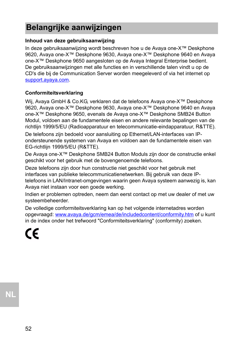 Inhoud van deze gebruiksaanwijzing, Conformiteitsverklaring, Belangrijke aanwijzingen | Avaya one-X 1603 User Manual | Page 52 / 64