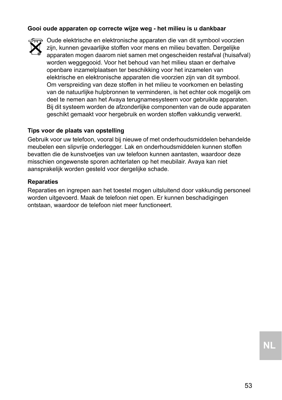 Tips voor de plaats van opstelling, Reparaties | Avaya one-X 1603 User Manual | Page 53 / 64
